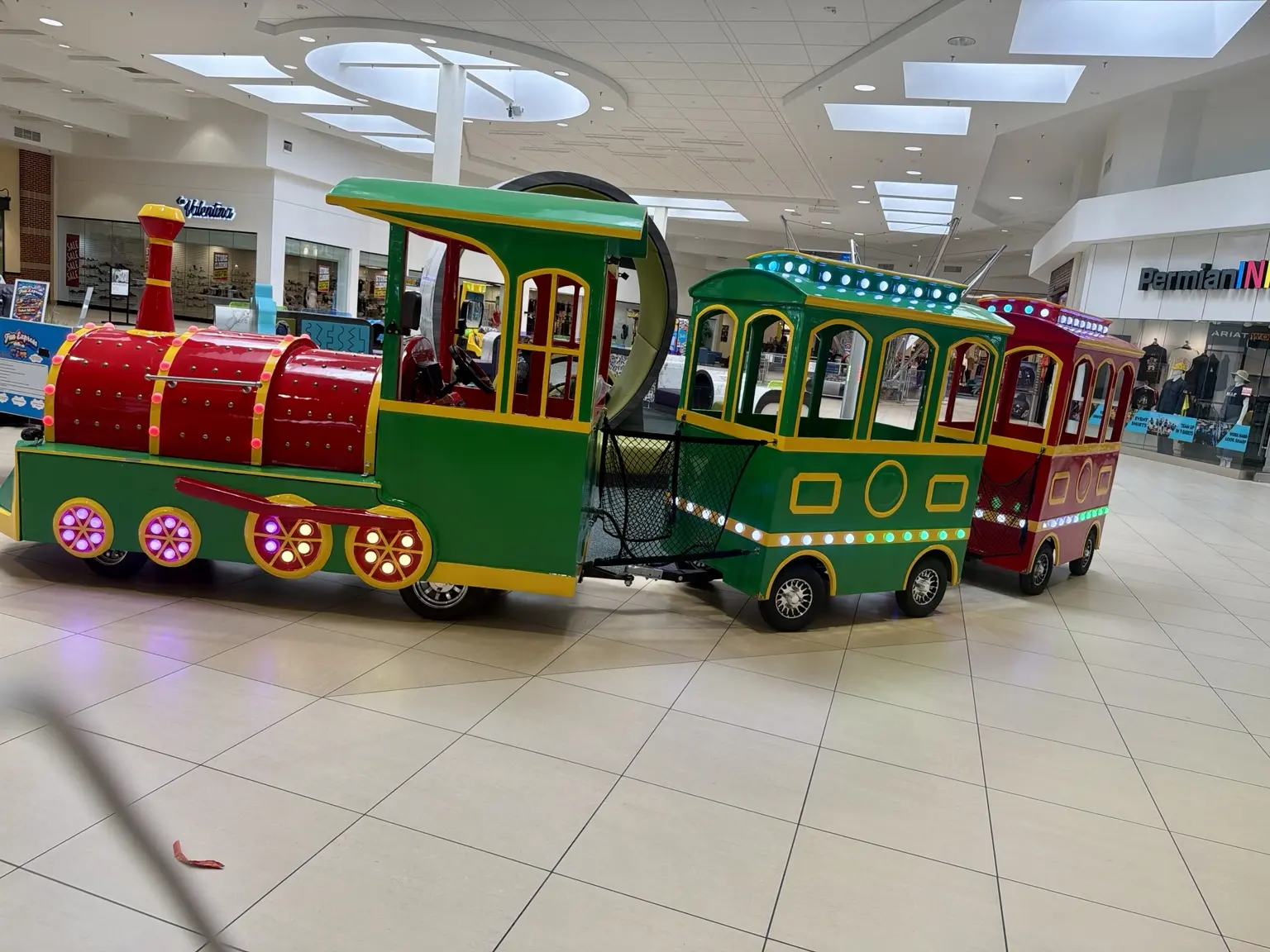 Complete two-car Fun Express train inside a shopping center